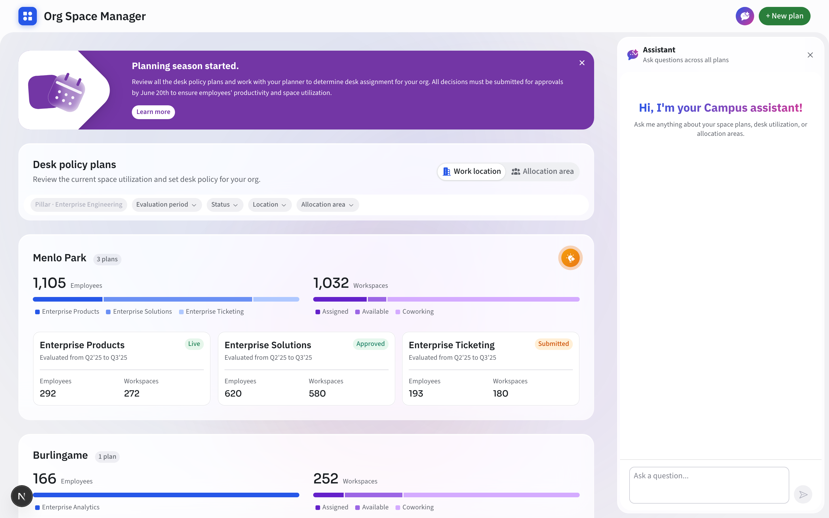 Plans dashboard grouped by campus with utilization charts and status badges.